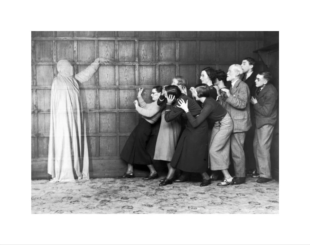 People 'cowering in fear' at the sight of a ghost, c 1920s. - Image 2