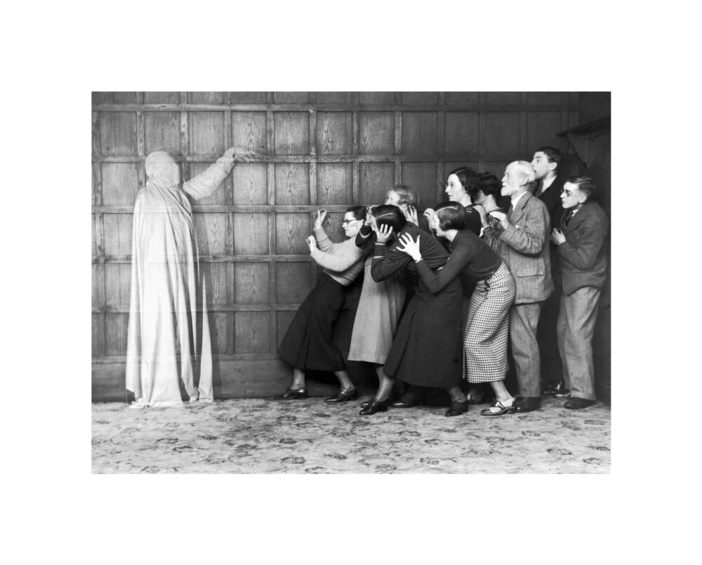 People 'cowering in fear' at the sight of a ghost, c 1920s. - Image 60