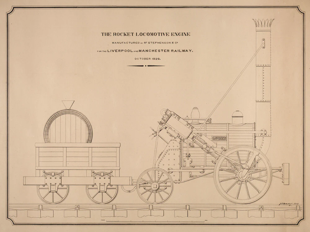 Pen and ink side elevation of the Rocket