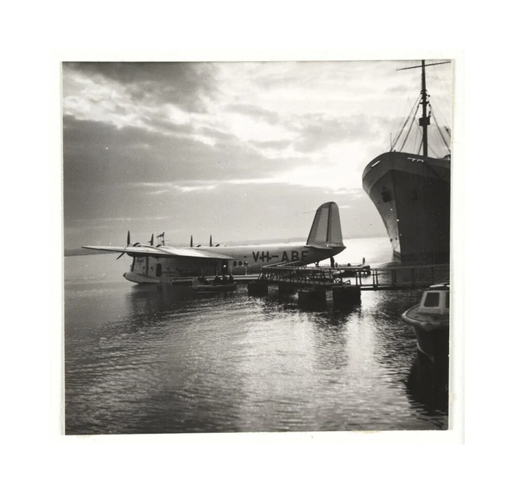 Flying boat moored at a jetty, c 1935. - Image 28