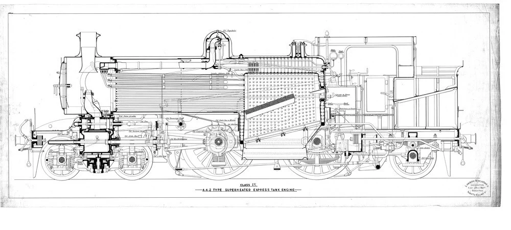 Class I3 4-4-2T superheated express tank engine, side elevation annotated with oiling points.