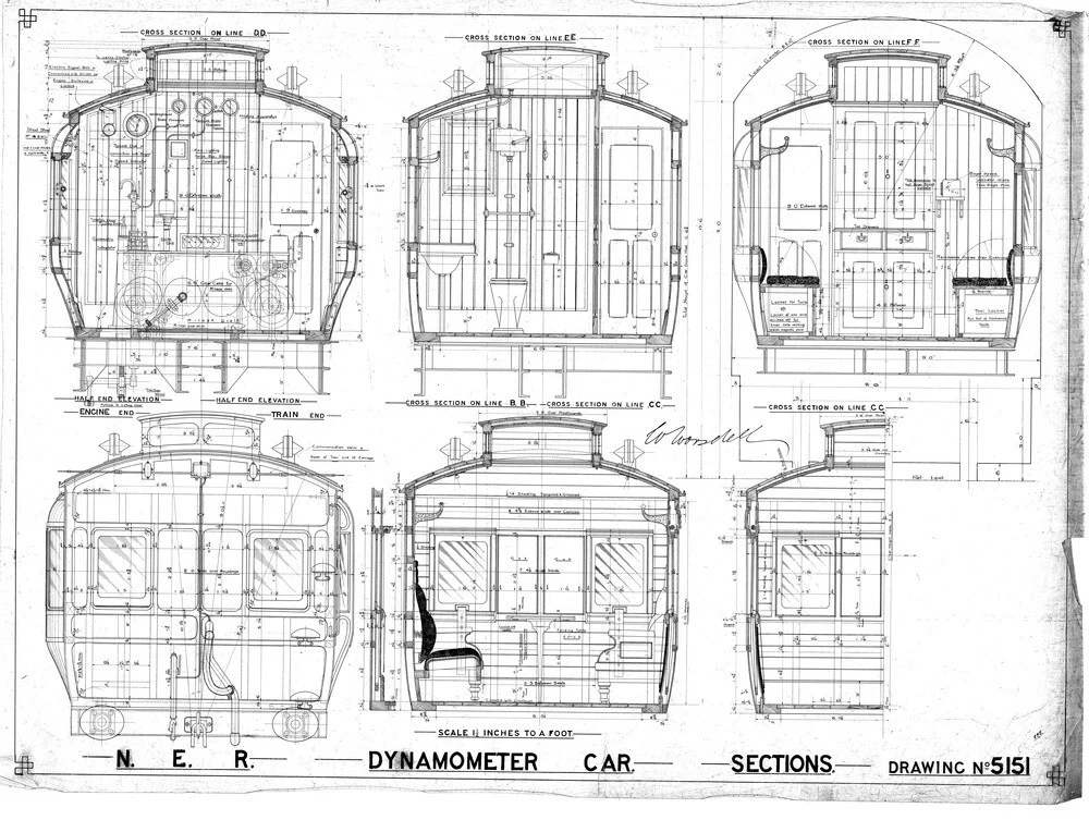 Sections of dynamometer car, North Eastern Railway (NER).