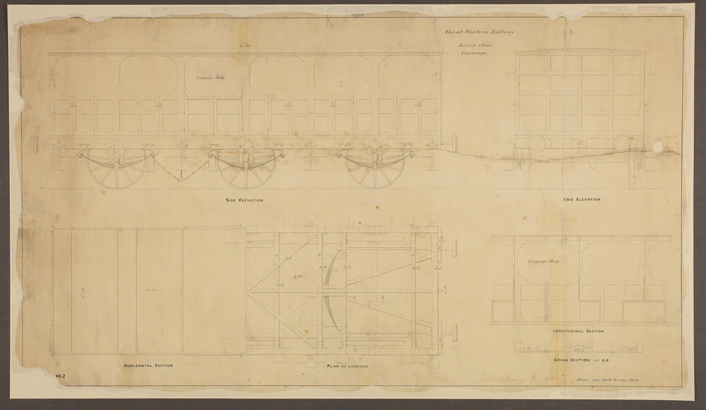 Drawing, Great Western Railway broad gauge 6-wheeled second class passenger carriage, May 1839.