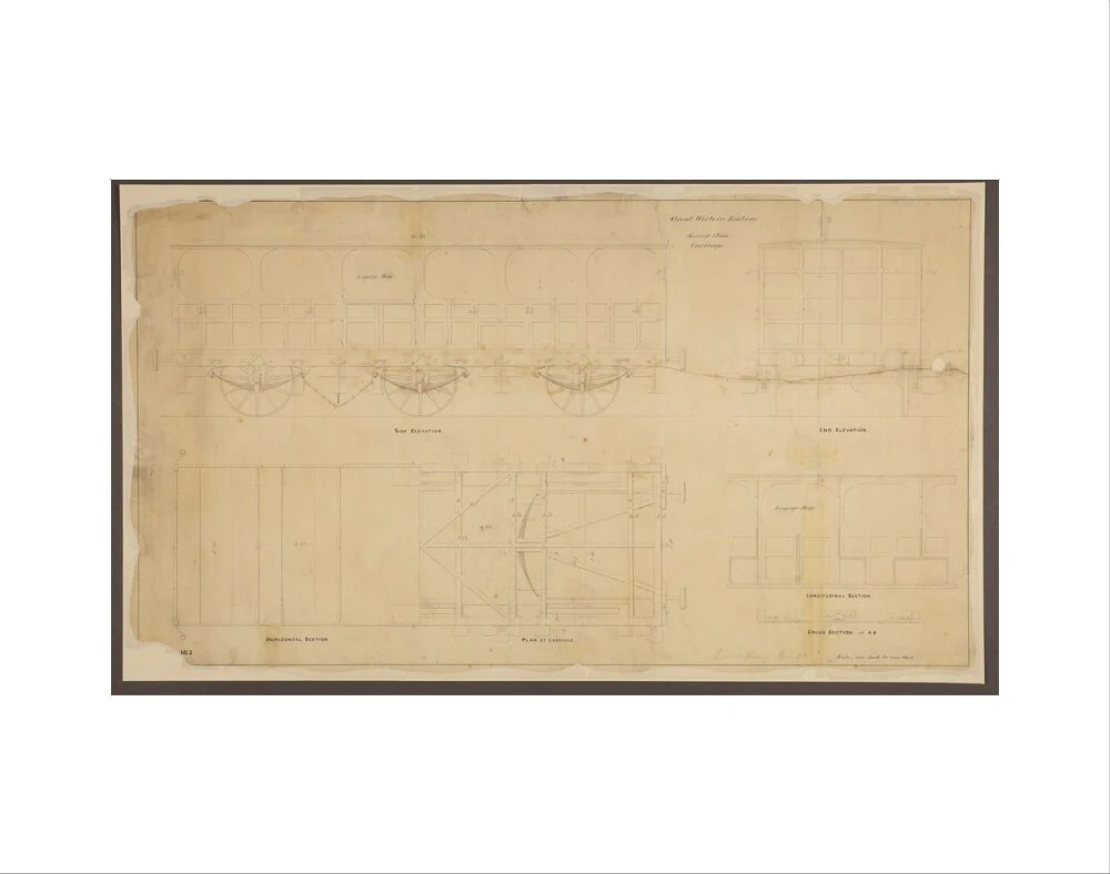 Drawing, Great Western Railway broad gauge 6-wheeled second class passenger carriage, May 1839. - Image 2