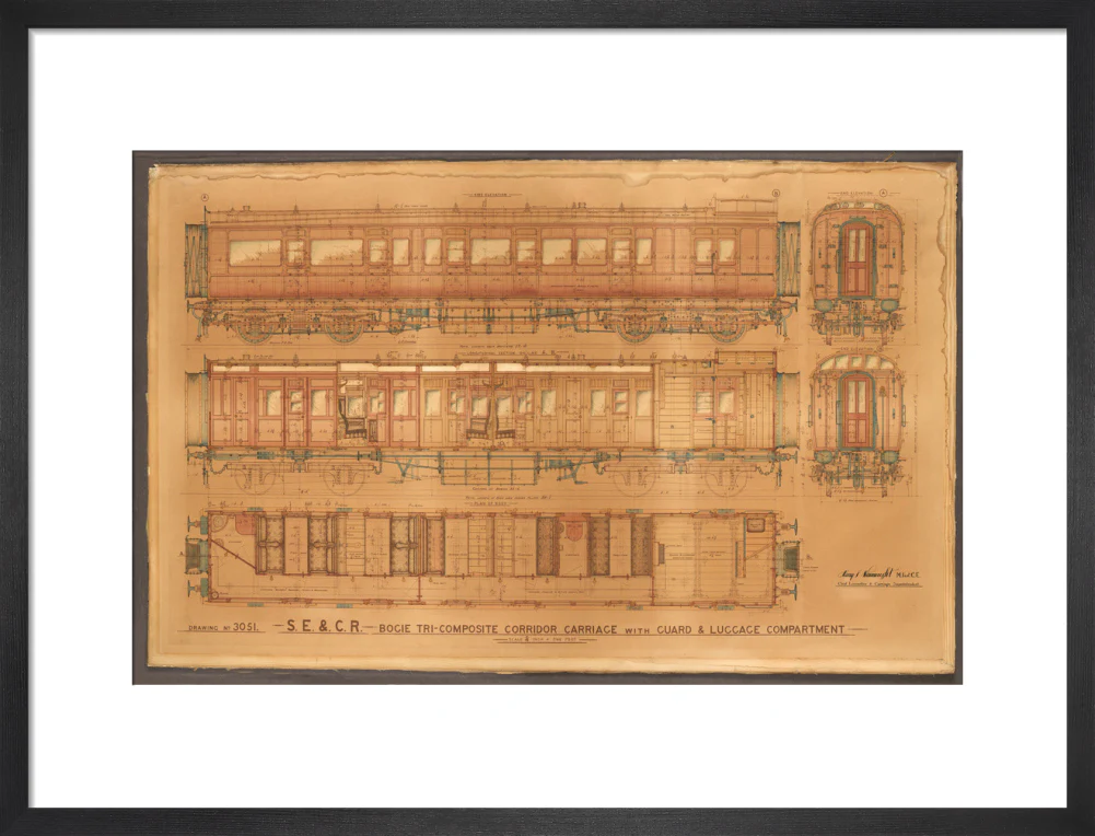 Coloured general arrangement drawing, South Eastern & Chatham Railway bogie tricomposite corridor brake. - Image 13
