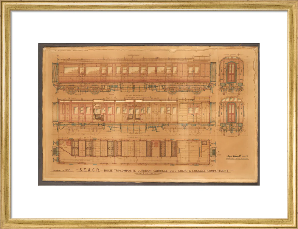 Coloured general arrangement drawing, South Eastern & Chatham Railway bogie tricomposite corridor brake. - Image 15