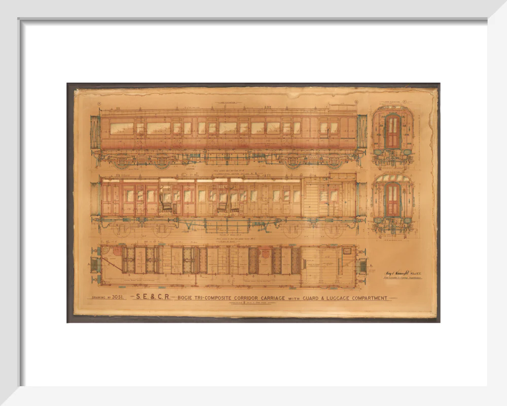 Coloured general arrangement drawing, South Eastern & Chatham Railway bogie tricomposite corridor brake. - Image 4