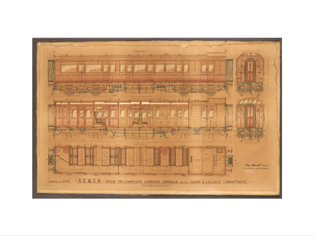 Coloured general arrangement drawing, South Eastern & Chatham Railway bogie tricomposite corridor brake. - Image 50