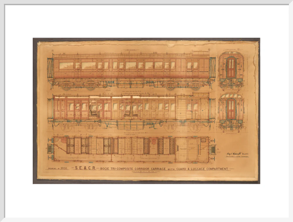 Coloured general arrangement drawing, South Eastern & Chatham Railway bogie tricomposite corridor brake. - Image 57