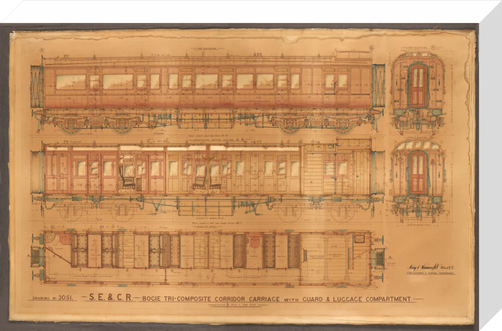 Coloured general arrangement drawing, South Eastern & Chatham Railway bogie tricomposite corridor brake. - Image 65