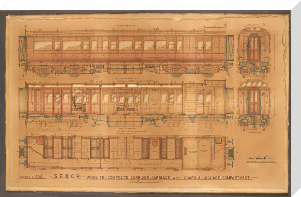 Coloured general arrangement drawing, South Eastern & Chatham Railway bogie tricomposite corridor brake. - Image 66