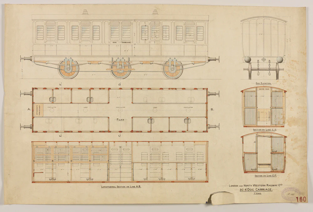 30'6'' dog carriage with 26 kennels and attendant's accommodation, designed at request of Charles Crufts.