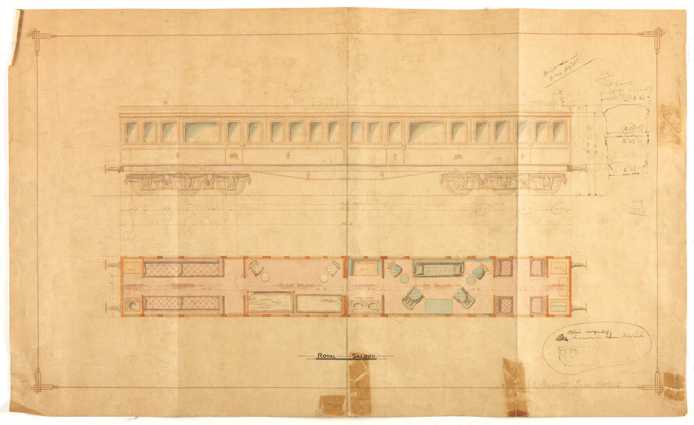 Drawing of 12 wheel royal saloon for Queen Victoria, London and North Western Railway.