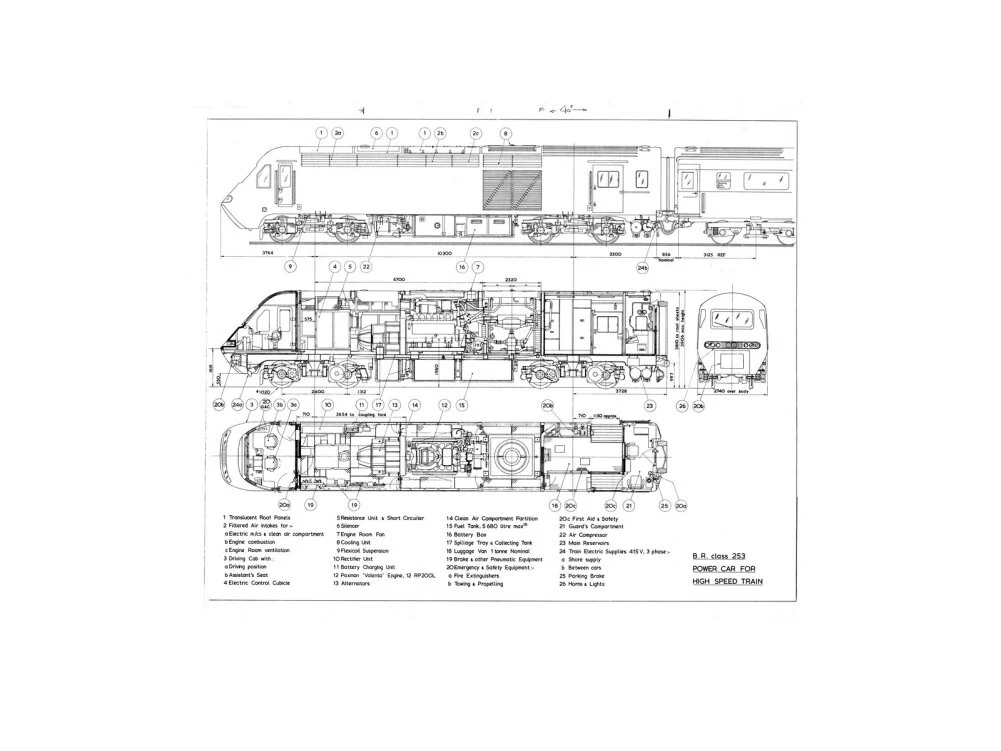 Drawing of power car for Class 253 (class 43) High Speed Train (HST, Intercity 125). - Image 22