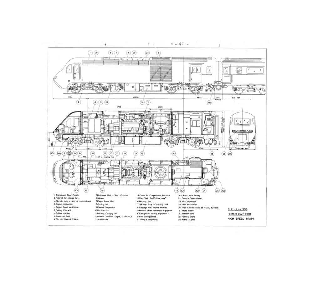 Drawing of power car for Class 253 (class 43) High Speed Train (HST, Intercity 125). - Image 27
