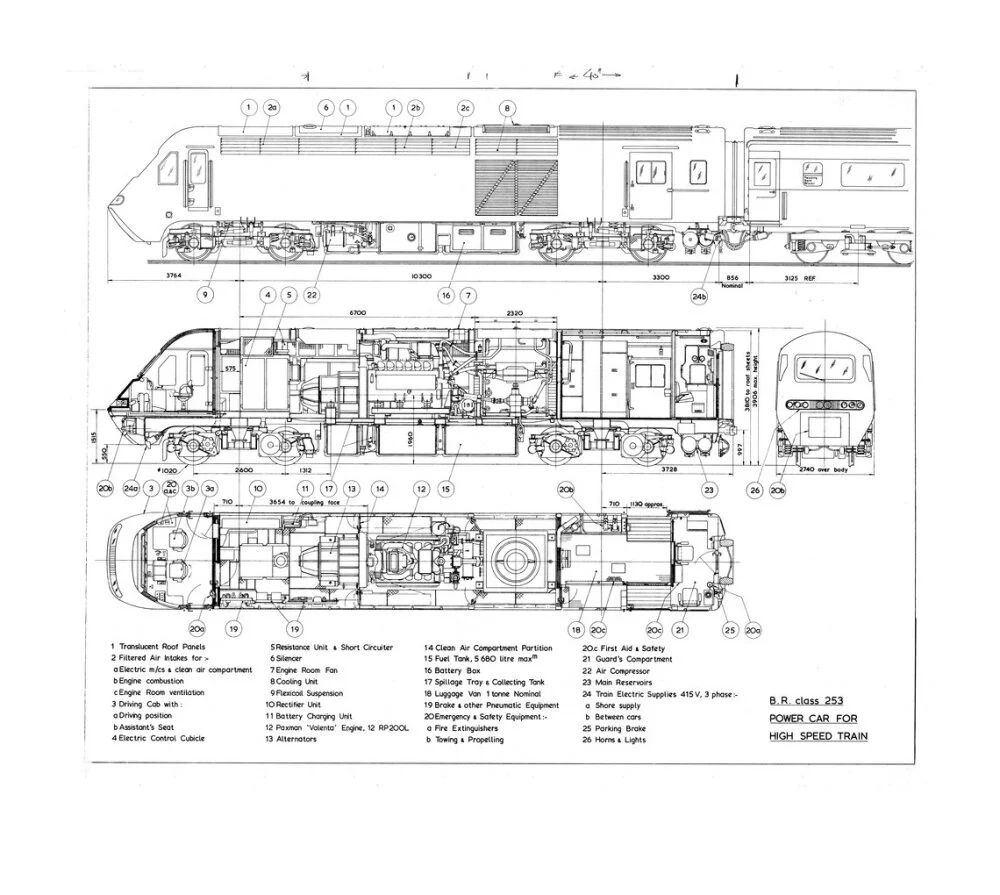 Drawing of power car for Class 253 (class 43) High Speed Train (HST, Intercity 125). - Image 63