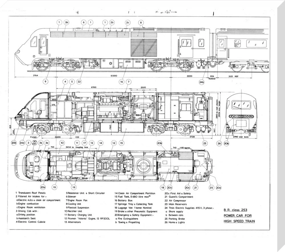 Drawing of power car for Class 253 (class 43) High Speed Train (HST, Intercity 125). - Image 67