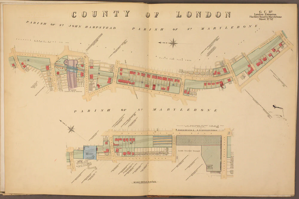 Plans of tunnel approaching London Marylebone station, showing land ownership and leases above the railway, 1901.