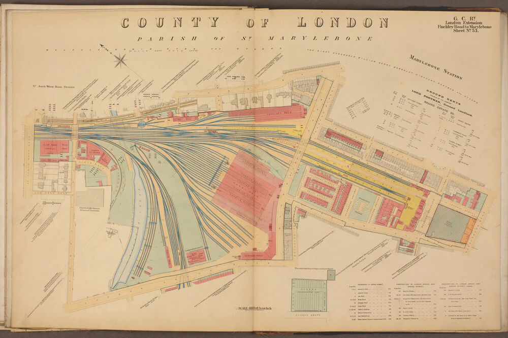 Plan of Marylebone station and surrounding area including platforms and offices, stables, goods shed and offices, etc, 1901.