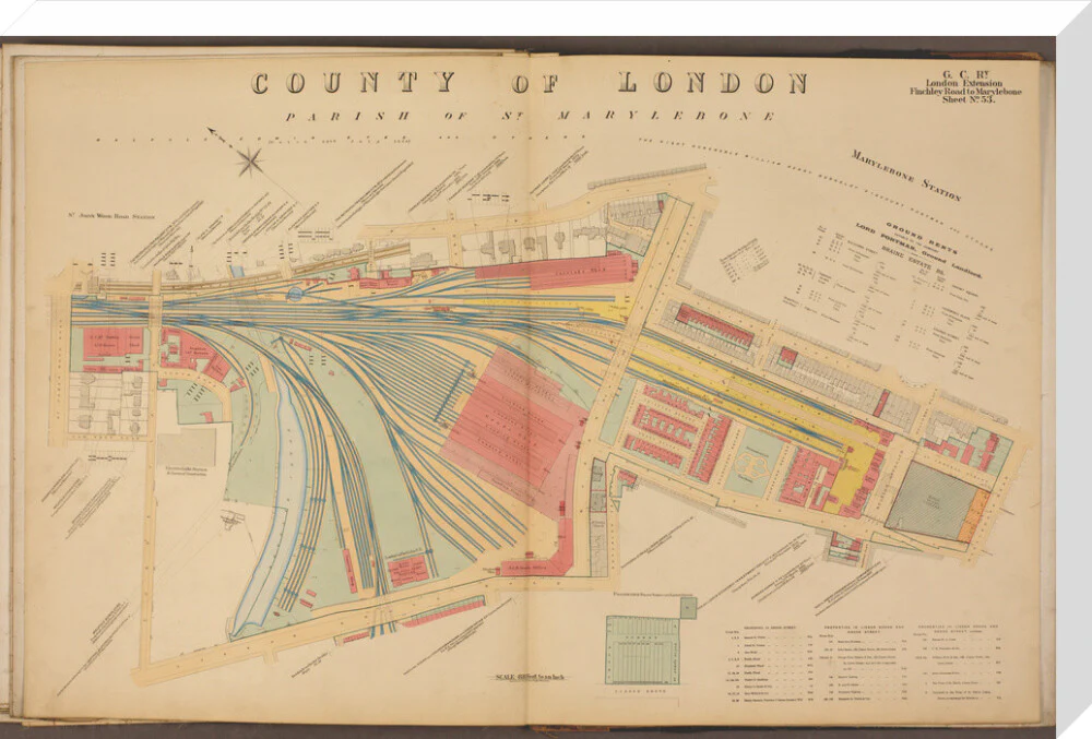 Plan of Marylebone station and surrounding area including platforms and offices, stables, goods shed and offices, etc, 1901. - Image 33