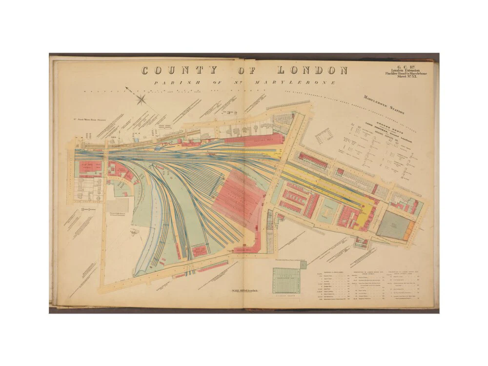 Plan of Marylebone station and surrounding area including platforms and offices, stables, goods shed and offices, etc, 1901. - Image 7