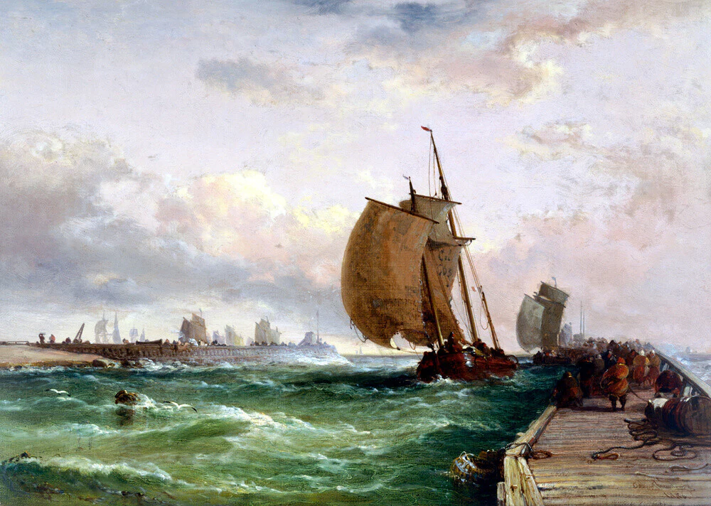 Dutch luggers entering harbour, Dunkirk, France, 1886.