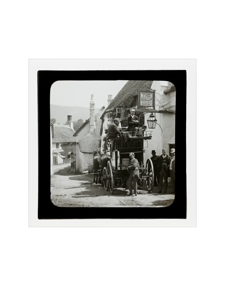 A magic lantern slide showing Birt Acres sitting on a coach whilst attending a meeting of photographers in Porlock, c.1893. - Image 2