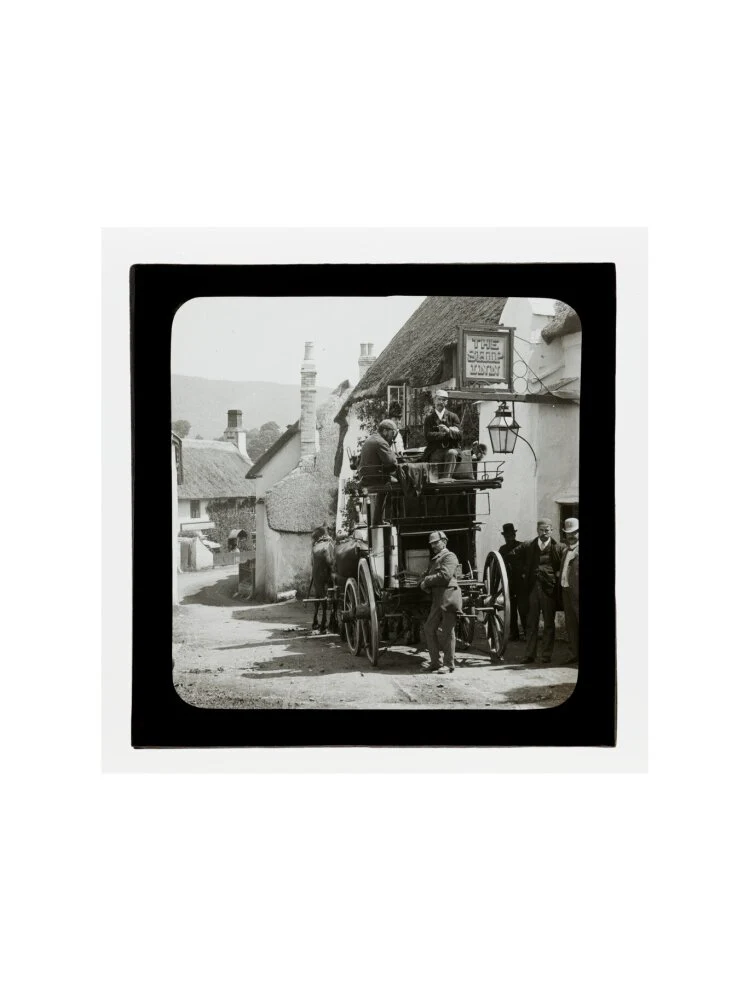 A magic lantern slide showing Birt Acres sitting on a coach whilst attending a meeting of photographers in Porlock, c.1893. - Image 50