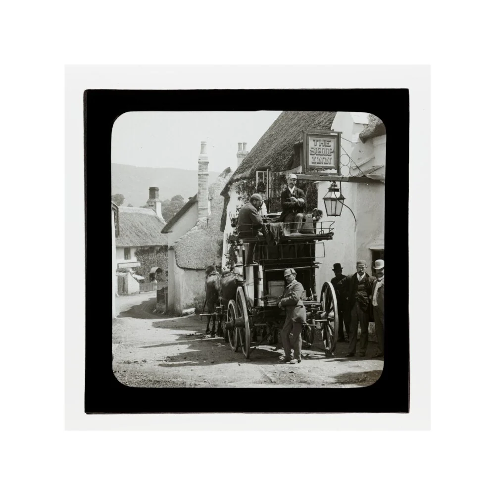 A magic lantern slide showing Birt Acres sitting on a coach whilst attending a meeting of photographers in Porlock, c.1893. - Image 60