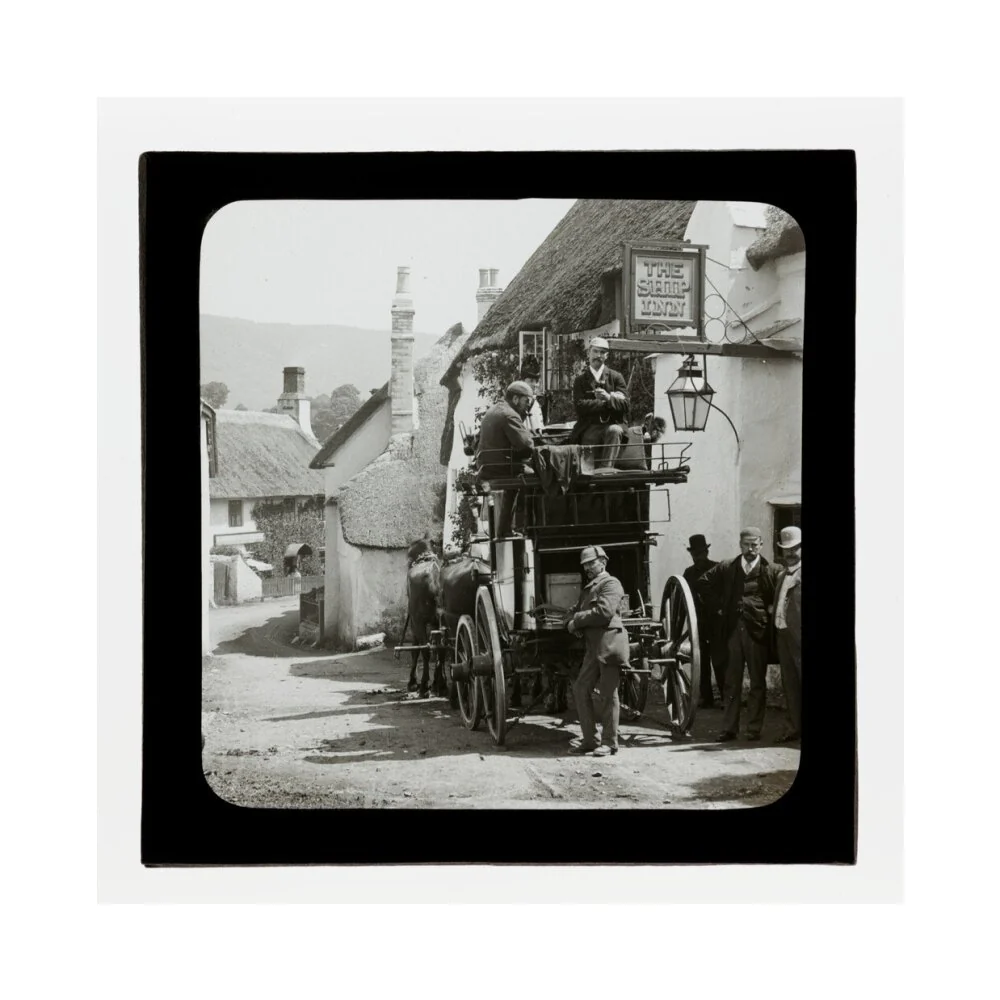 A magic lantern slide showing Birt Acres sitting on a coach whilst attending a meeting of photographers in Porlock, c.1893. - Image 61