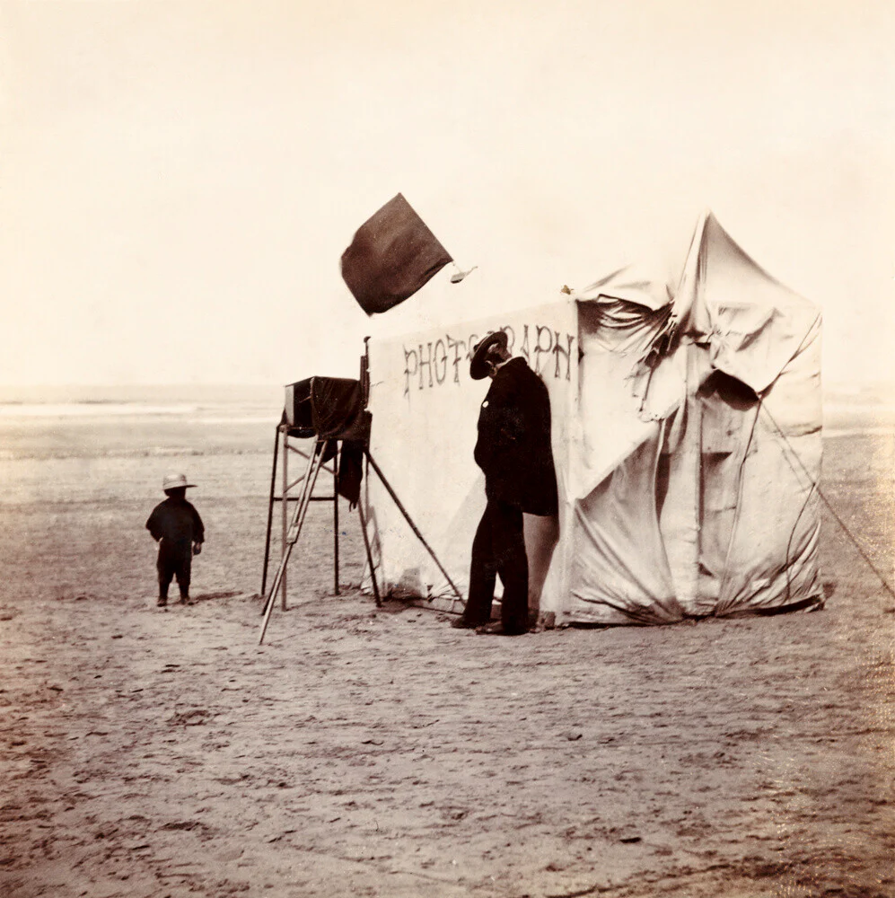 Snap-shot of a beach photographer at Whitby, North Yorkshire, c 1900s.