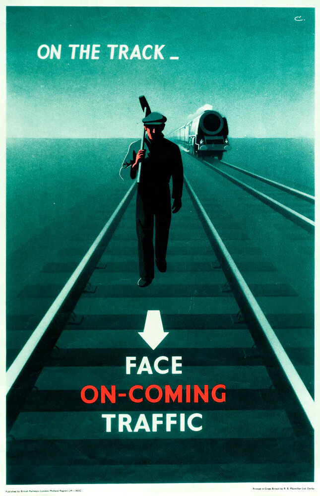 Safety poster - Face on-coming traffic, 1960.