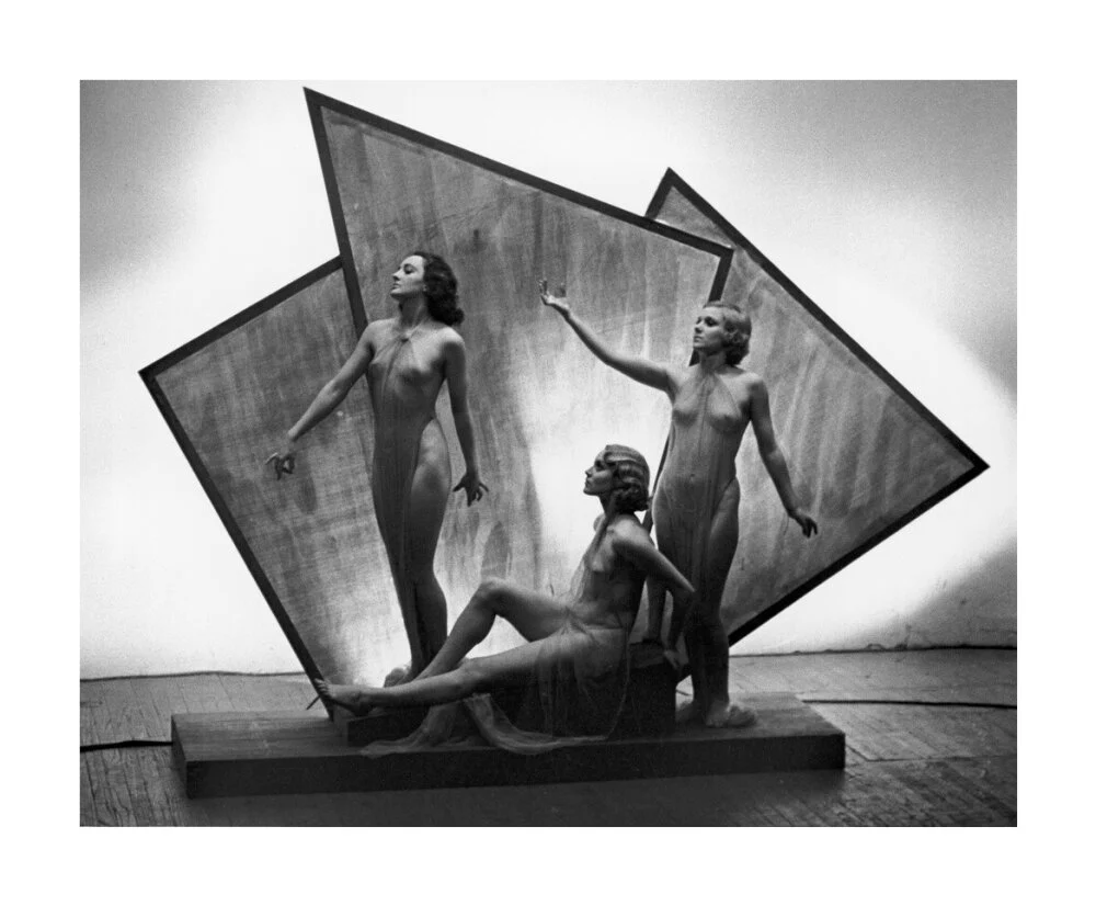 Three near naked women posing on an art deco plinth, c 1920s. - Image 29
