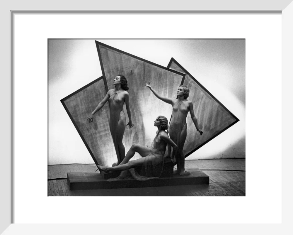 Three near naked women posing on an art deco plinth, c 1920s. - Image 4