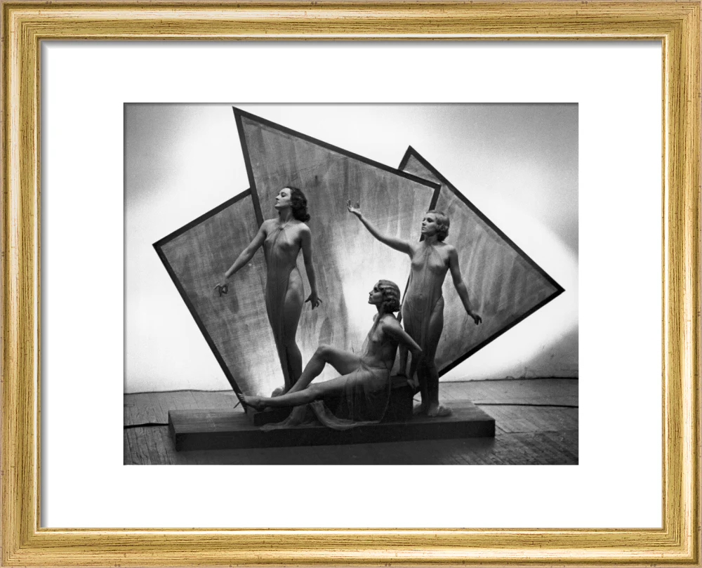 Three near naked women posing on an art deco plinth, c 1920s. - Image 5