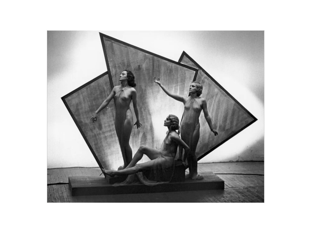 Three near naked women posing on an art deco plinth, c 1920s. - Image 55