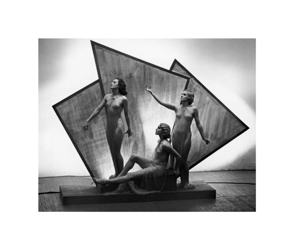Three near naked women posing on an art deco plinth, c 1920s. - Image 60