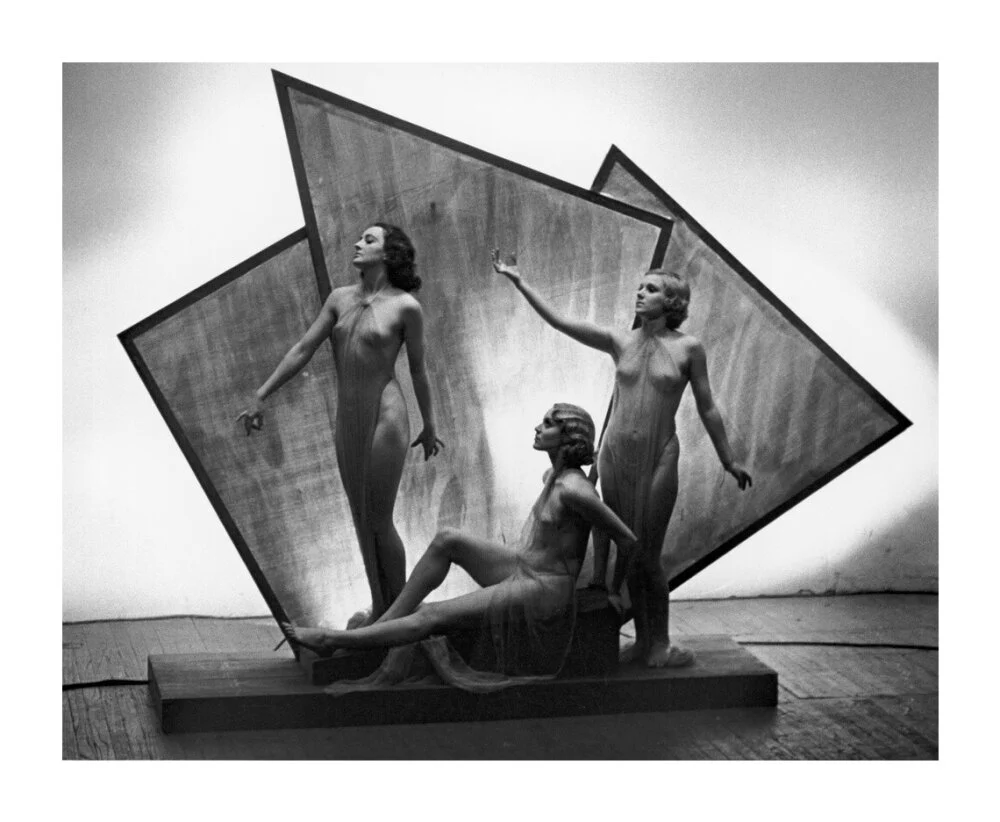 Three near naked women posing on an art deco plinth, c 1920s. - Image 63