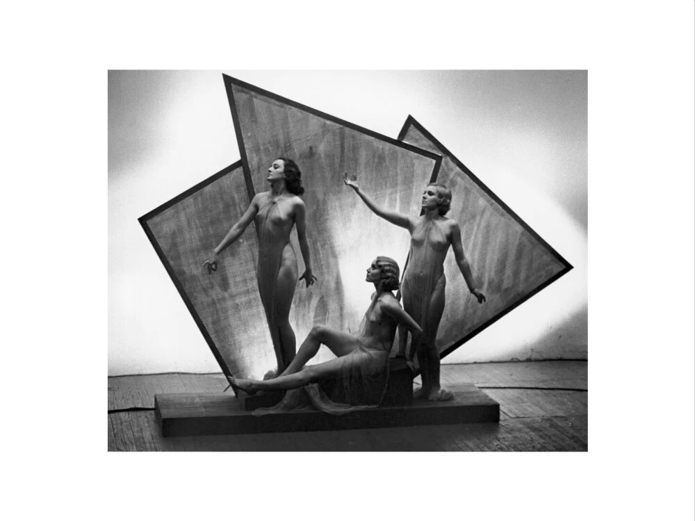 Three near naked women posing on an art deco plinth, c 1920s. - Image 7
